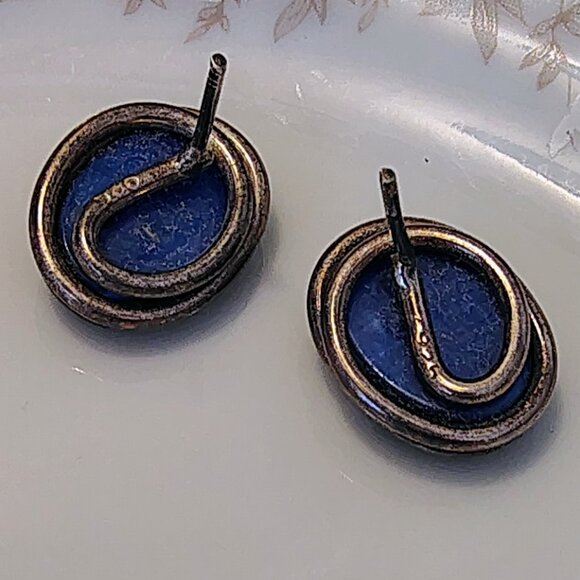 Vintage 925 Sterling Silver Wrapped Blue Cat Eye Stone Stud Pierced Earrings - Picture 5 of 6